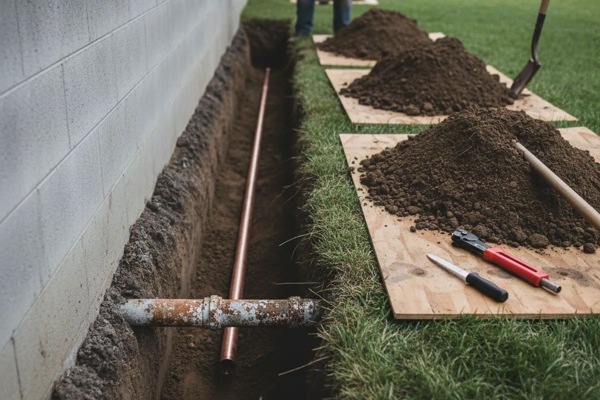 Excavated water line trench during Water Heater Repair in South Burlington